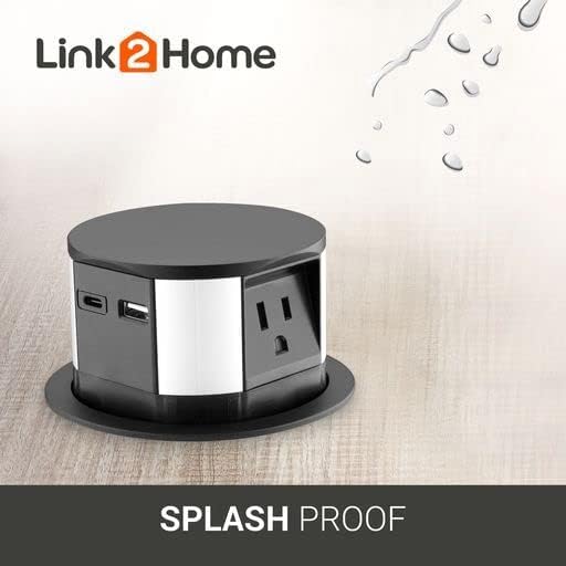 Link2Home Wireless Charging Pop Up Outlet with USB, Space Saver Retractable Power Station with 3 Outlets (15A), 2 USB A/C Ports (3.0A), Splash Resistant for Kitchen Island, Office Desk & Workshop