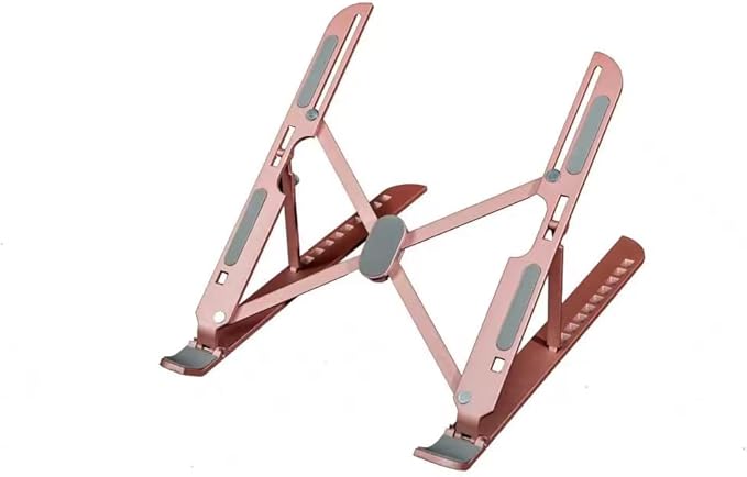 Adjustable Laptop Stand with Cleaning Brush – Aluminum Alloy Ergonomic Riser, Foldable & Portable Ventilated Notebook Holder for Desk, Fits Laptops up to 17.3" -(10 levels)23.6"MODEL (PINK)