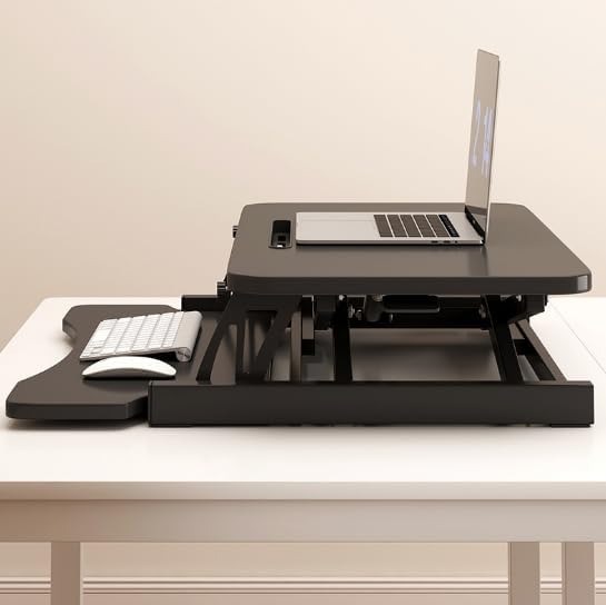 Standing Desk Converter 32 Inch, Height Adjustable Sit-Stand Workstation, Dual Monitor Riser with Wide Keyboard Tray - Office & Home Use, Black (Black)