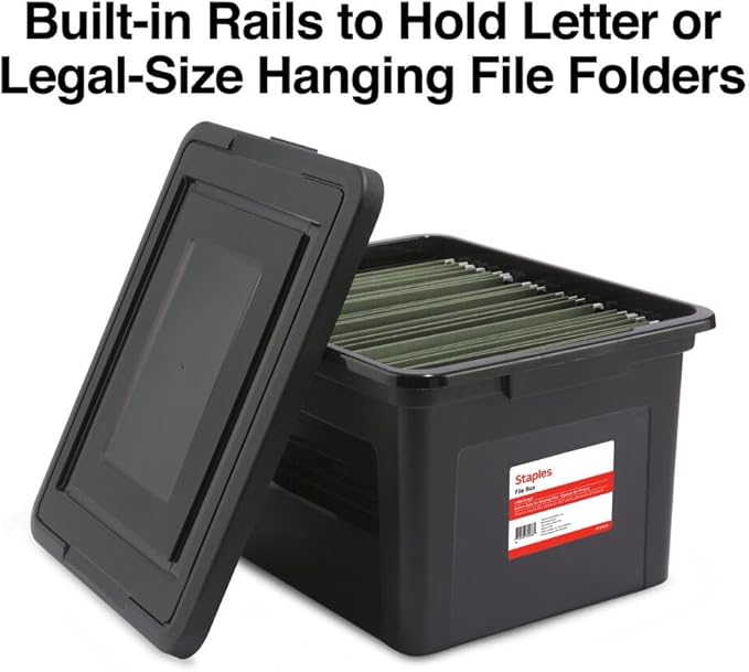 STAPLES File Box Plastic File Box Snap, Letter/Legal Size, Black, 4/Carton