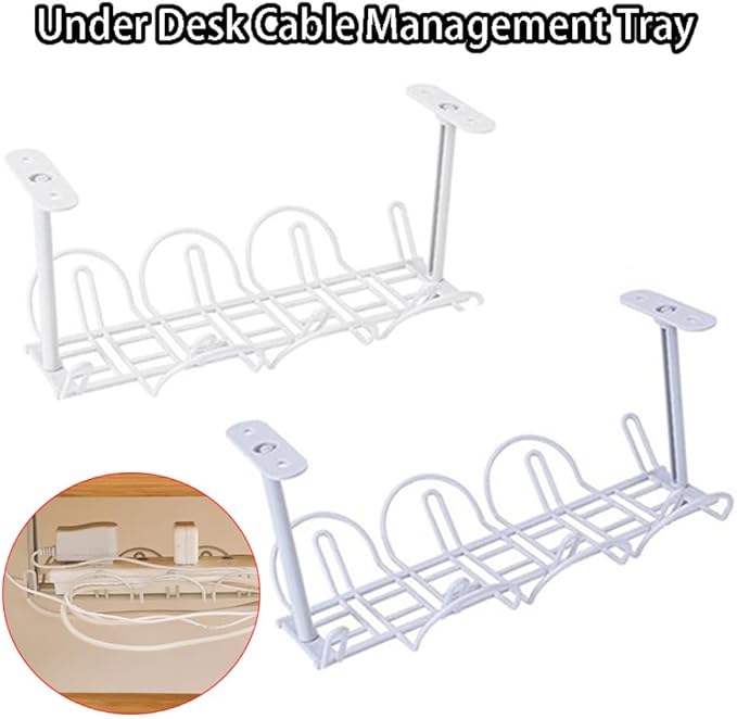SEIWEI 2PCS Under Desk Cable Management Tray, No Drill Steel Desk Cable Organizers, Wire Management Tray Cable Management Rack, Desk Cable Tray(White+Gray)