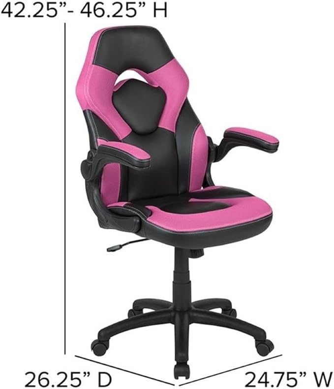 BOWERY HILL Gaming Desk and Racing Swivel Chair Set, 51.5" Desk, Black Laminate and Pink LeatherSoft Finish, Ergonomic High Back Chair with Flip-Up Arms, Contemporary Design for Gamers