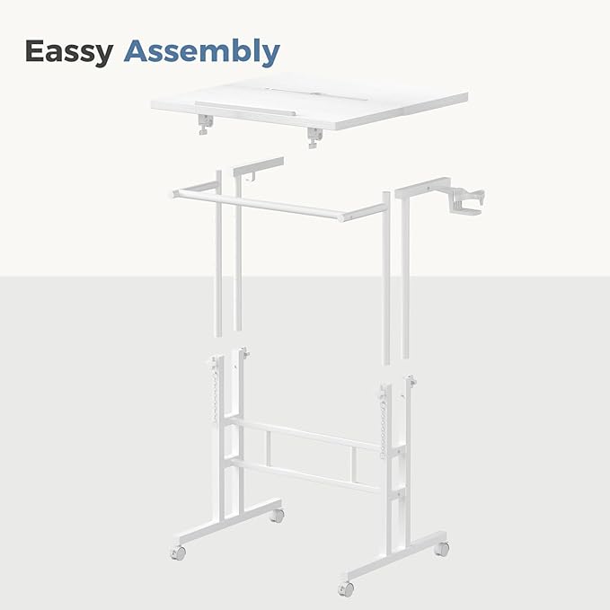 DUMOS Split Top Rolling Standing Desk, 23.6" Mobile Laptop Desk, Manual Height Adjustable Workstation on Wheels, Sit Stand Office Table, Walking Pad Study Desk,White