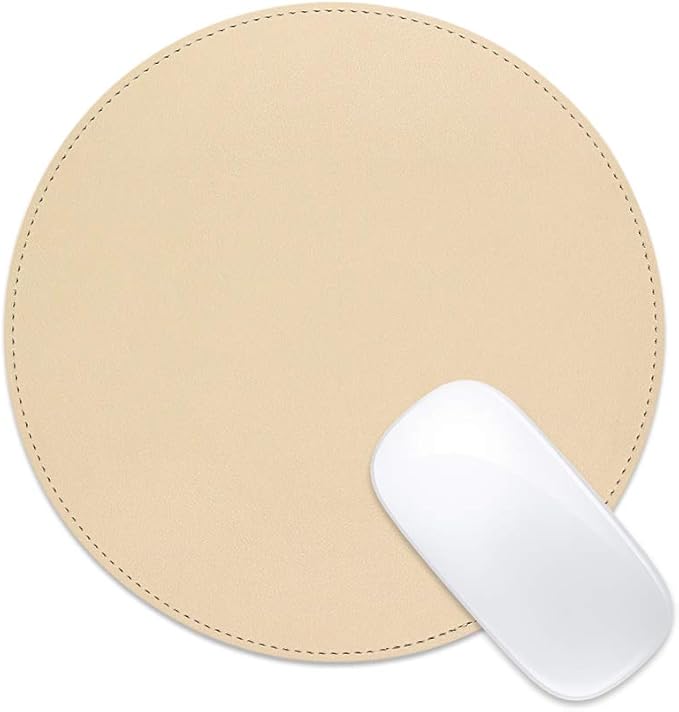 ProElife Cute Round Mouse Pad Mat Waterproof PU Leather 8.66-Inch Mousepad with Anti-Skid Base Stitched Edge for Home Office Gaming Computer Laptop Accessories (Apricot)