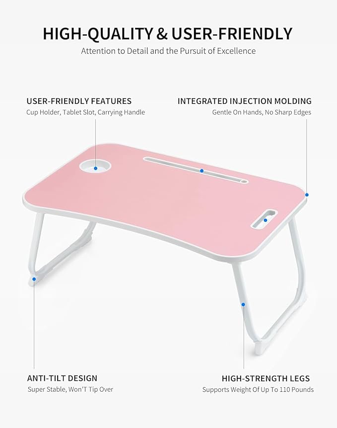 ZEAPTAC Laptop Bed Desk, Foldable Lap Desk, Portable Lap Table, Laptop Stand with Cup Holder & Tablet Slot & Lifting Handle for Working Writing Drawing & Eating - Rose Pink