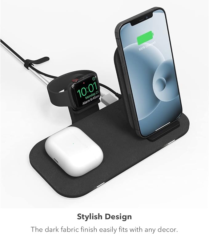 mophie Wireless Charging Stand+ Wireless Charging Stand and pad with USB-A Port. for AirPods, Apple Watch, iPhone, Samsung Galaxy, Qi-Enabled Devices
