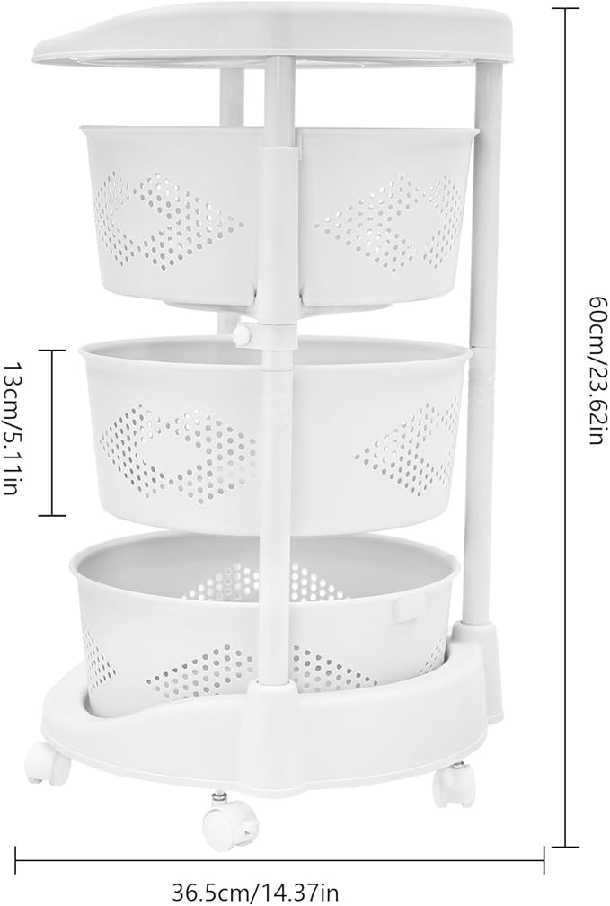 Fruit Basket for Kitchen, 5 Tier Circular Rotating Basket Large Storage Rack with Wheels, Standing Shelf Storage, Multi-Layer Storage Shelves with Top Lid for Living Room, Office, White (3-Tier)