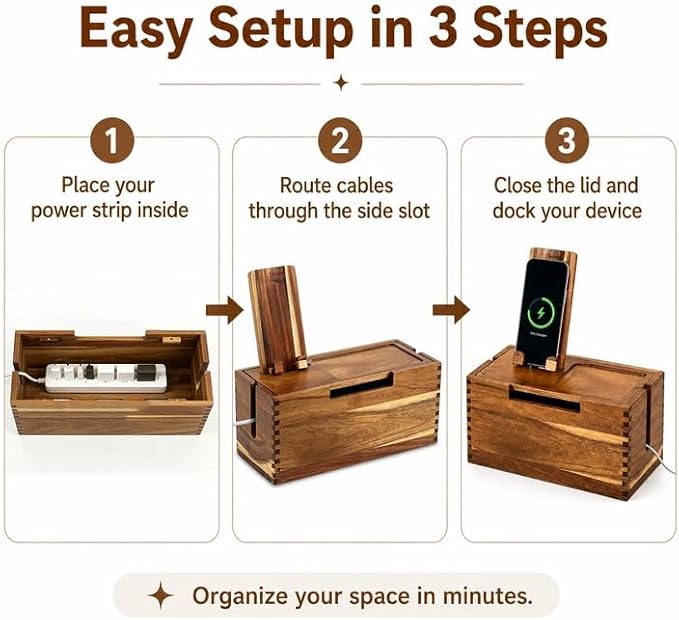 Wooden Cable Management Box with Detachable Phone Stand, Cord Organizer Box for Power Strip & Charger, Ventilated Wire Storage Box with Storage Tray for Desk, Nightstand & Home Office (Brown)