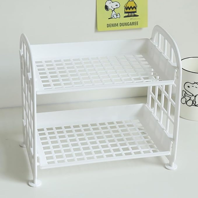 UnnFiko 2-Layers Table Shelf Organizer, Adjustable Plastic Storage Rack Shelf Square Basket Desk Stand Table Storage Organizer Shelves (White)