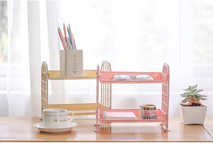 UnnFiko 2-Layers Table Shelf Organizer, Adjustable Plastic Storage Rack Shelf Square Basket Desk Stand Table Storage Organizer Shelves (Yellow)