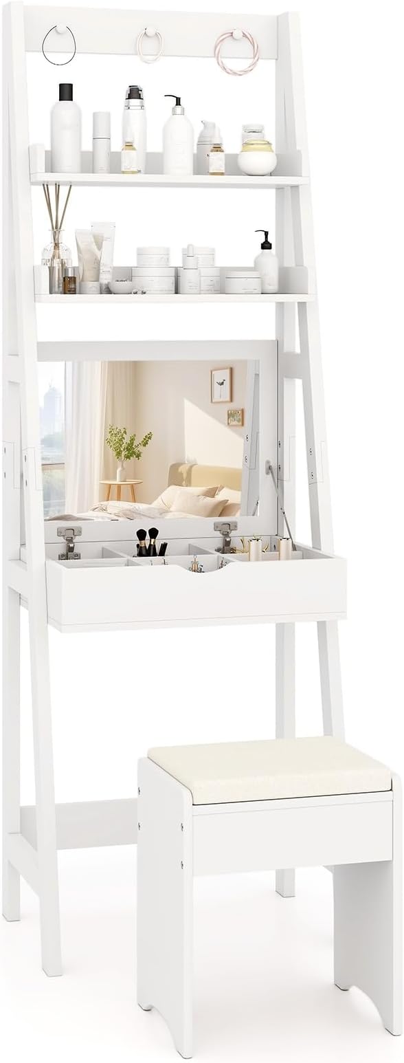 CHARMAID Small Vanity Desk with Mirror, Ladder Makeup Vanity Table with Flip top Mirror, Open Shelves, Hidden Storage Compartments, Compact White Bedroom Dressing Table with Stool for Small Space