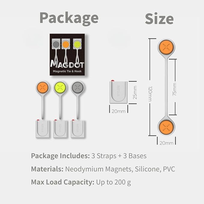 Magnetic Silicone Cable Ties and Mount Base Set, Cord Organizer for Bundling Earphone, Phone Charger, Computer Cords, Reusable Cable Ties management in Home, Office, Kitchen, School, 3Pcs