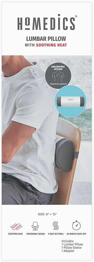 Homedics Lumbar Support Pillow with Ergonomic Design for Better Posture and Heat for Ultimate Comfort, 3 Electric Heat Settings with 30-Minute Auto-Off, Adjustable Strap for Office or Home Chair, Grey