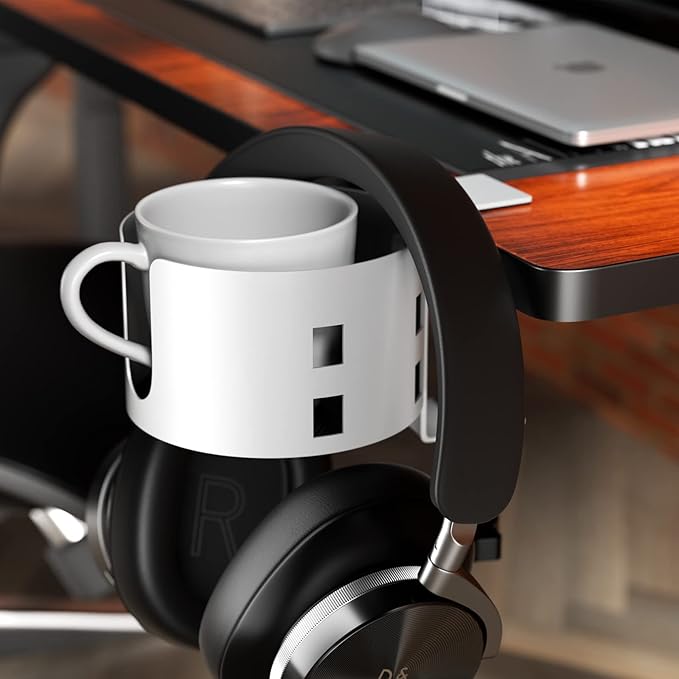 Upgraded Large Desk Cup Holder Clamp, Anti-Spill Cup Holder for Table, Durable 5 Adjustable Directions, Metal Office & PC Gaming Desk Accessories, Enough to Hold Coffee Cups, Water Bottles, White
