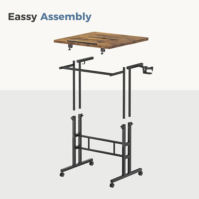 DUMOS Split Top Rolling Standing Desk, 23.6" Mobile Laptop Desk, Manual Height Adjustable Workstation on Wheels, Sit Stand Office Table, Walking Pad Study Desk, Rustic Brown
