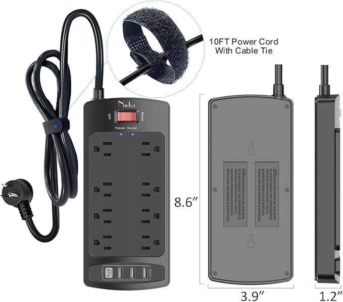 10 Feet Surge Protector Power Strip - Nuetsa Extension Cord with 8 Outlets and 4 USB Ports, Flat Plug, 2700 Joules, for Home, School, College Dorm Room, and Office, ETL Listed, Black
