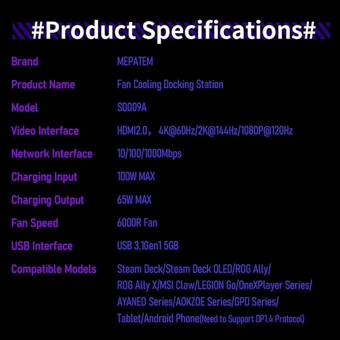 6-in-1 Gaming Docking Station, Built-in Cooling Fan & RGB Light, 4K@60Hz HDMI, Gigabit Ethernet, 100W PD Charging, Adjustable Stand, Portable Dock for Steam Deck, ROG Ally, Legion Go