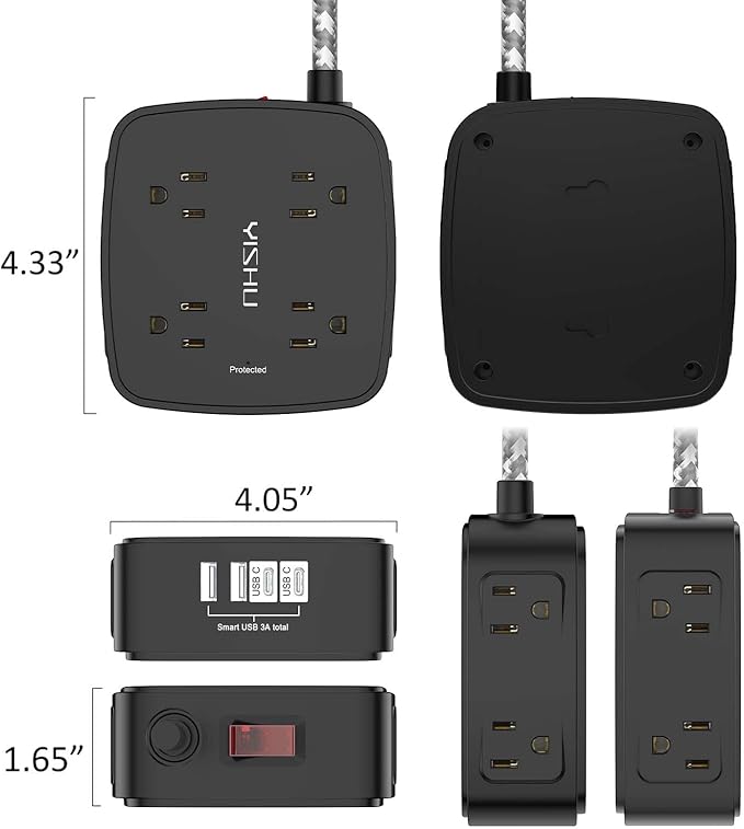 Surge Protector Power Strip - YISHU 8 Outlets with 4 USB (2 USB C) Charging Ports, 5Ft Braided Extension Cord, Flat Plug Multi Plug Outlet Extender Charging Station for Home Office, ETL, Black