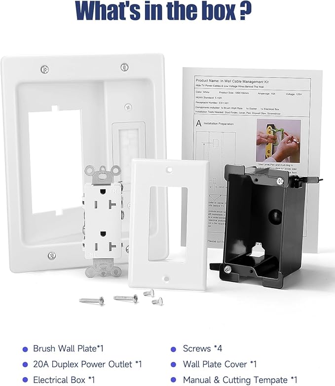 Wall Cable Concealer Kit, in Wall Cable Management Kit for TV, Recessed Outlet with Cable Management Box, in Wall Power Kit Hides TV Cords and Cables, Fits All Plugs, White