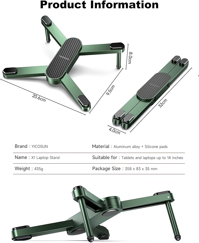 YICOSUN New Concept Laptop Stand - Adjustable Ergonomic Aluminum Riser for MacBook Pro/Air up to 15.6” - Foldable & Portable Computer Stand for Desk, Students, Office, Travel, Gaming - Green