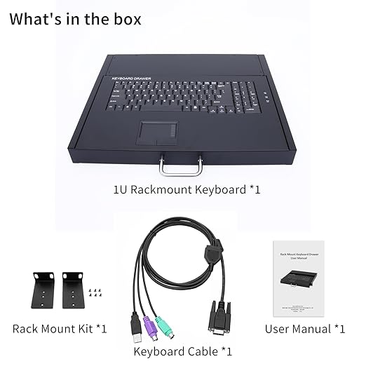 1U Rackmount Keyboard with Touchpad, USB/PS2 Connection, 99-Key Keyboard Drawer, Metal Rack Mount Tray for 19" Server Rack, Hot-Pluggable Design, Space-Saving 1U Steel Build, Durable Construction