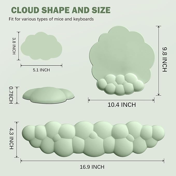 Cloud Keyboard Wrist Rest and Mouse Pad with Wrist Support Set, Ergonomic PU Leather Mouse Pads, Memory Foam Non-Slip Mousepad for Computer,Laptop, Green Cloud