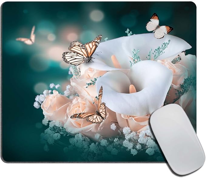 Flower Butterfly Mouse Pad, Calla Lily Pink Rose Customized Premium-Textured Mouse Mat,Washable Mousepads Non-Slip Rubber Base Small Mousepad, 9.5×7.9×0.12 inches