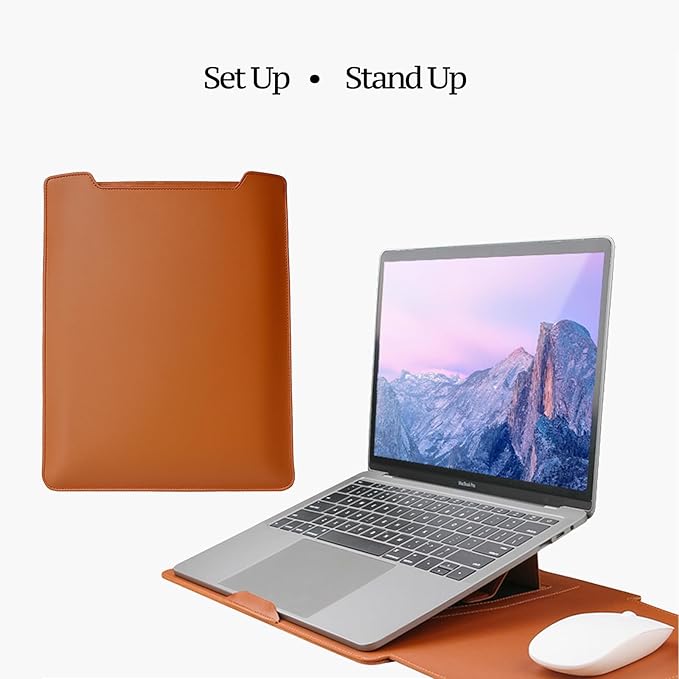 4-in-1 Laptop Sleeve with Stand and Mouse Pad, Faux Leather Protective Case with Accessory Pouch for 13.3-14 Inch Laptops, Brown