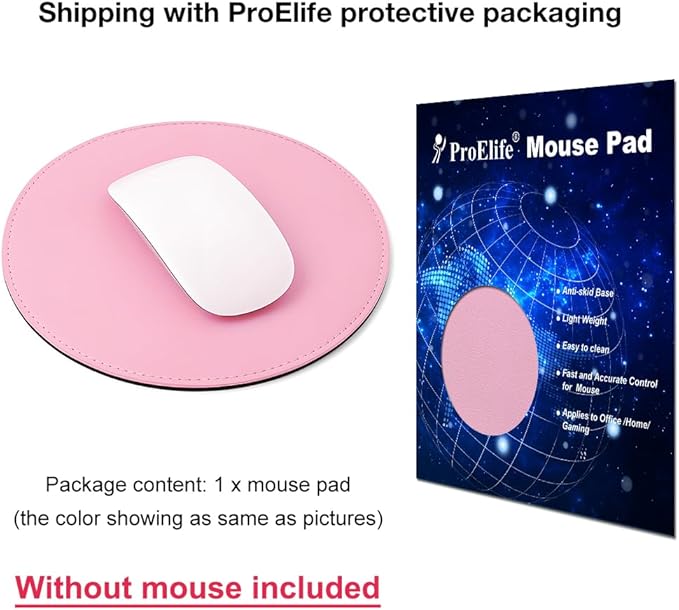 ProElife Premium Cute Round Mouse Pad Mat Waterproof PU Leather 8.66-Inch Mousepad with Anti-Skid Base Stitched Edge for Home Office Gaming Computer Laptop Accessories (Pink)