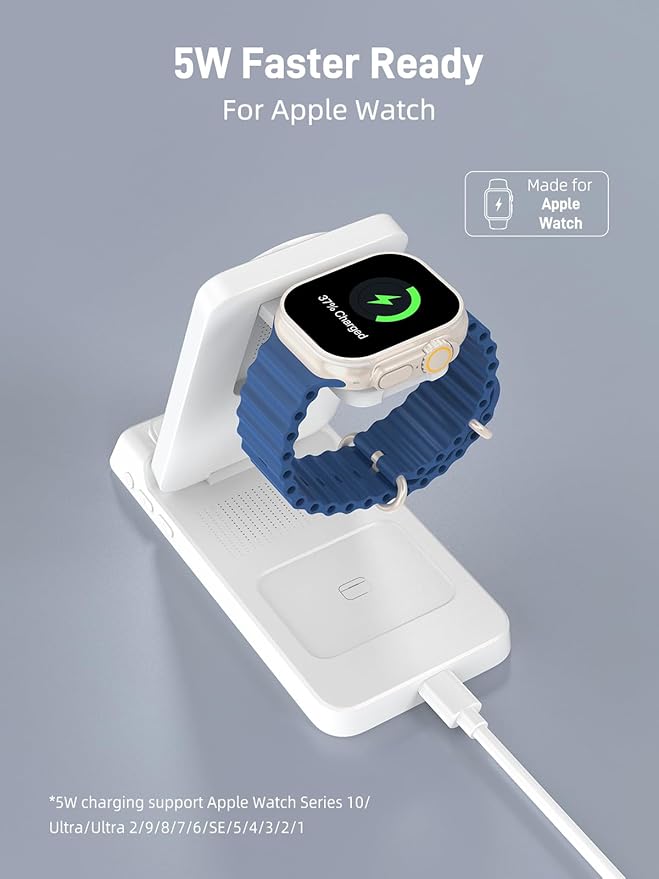 3 in 1 Charging Station for Apple, ELECDOV Magnetic Charger for iPhone, Foldable Wireless Charger with Clock, Travel Watch Charger Stand for iPhone 17/Air/16/15 Series, iWatch 10/AirPods 4 (White)