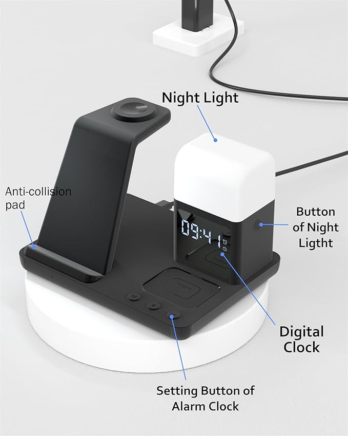 Wireless Charger for iPhone, 6in1 Fast Phone Charger Stand Dock Alarm Clock Night Light, Wireless Charging Station for Apple Watch, for Airpods 3/2/Pro, for iPhone 17/1615/14/13/12/11/Pro/Max (Black)