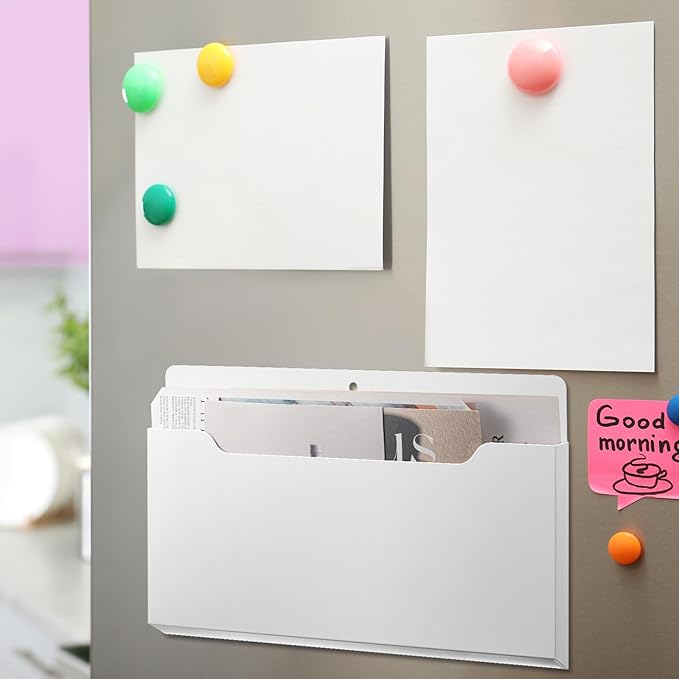 Fuutreo 6 Pcs Magnetic Wall File Organizer Magnetic Wall File Holder Refrigerator Magazine Holder for Mail Letters Paper(White,Horizontal-large)