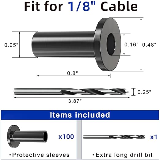 100 Pack Cable Railing Protector Sleeves for 1/8โ Deck Railing System, Black Cable Railing Kit Hardware for Wood Post, T316 Stainless Steel Marine Grade DB58