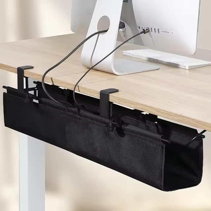 Under Desk Cable Management Tray, 27.5 Inch Fabric Cord Organizer with C Clamp, No Drilling, Fits Desks 0.1 to 2 Inch Thick, Holds Power Strip and Cables, Home Office, Black
