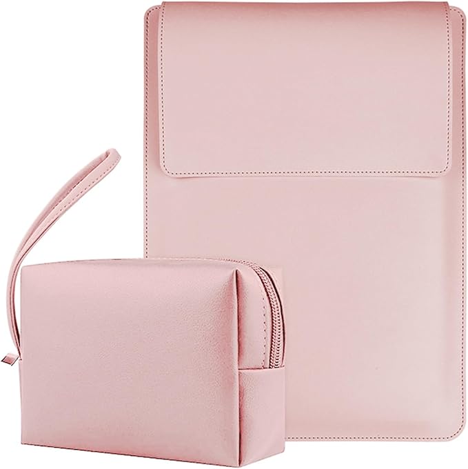 4-in-1 Laptop Sleeve with Stand and Mouse Pad, Faux Leather Protective Case with Accessory Pouch for 13.3-14 Inch Laptops, Pink