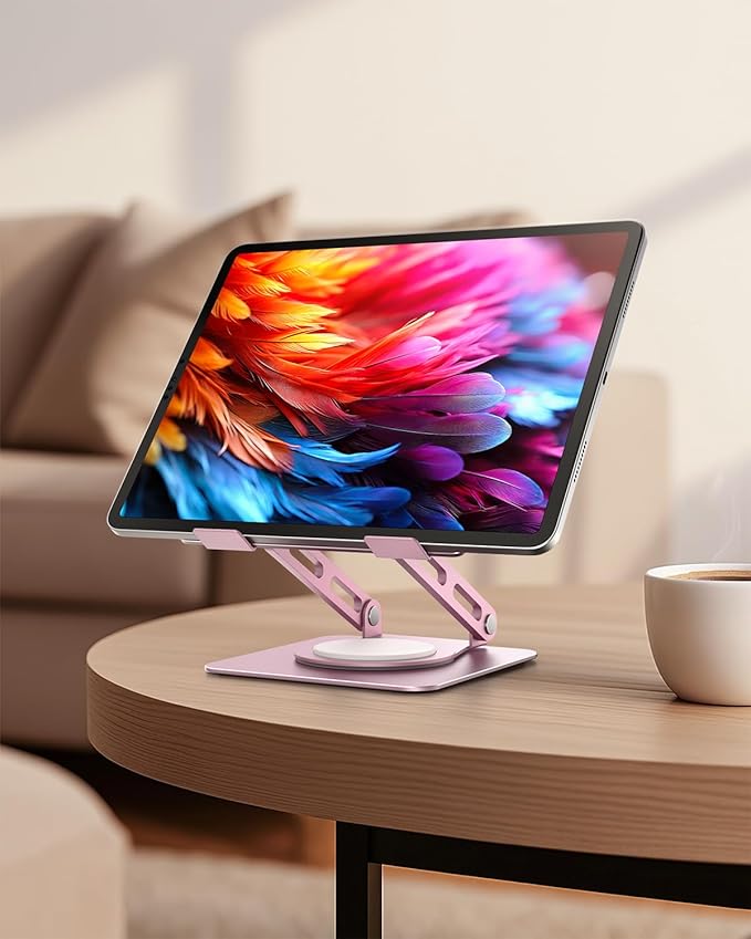 Metal Tablet Stand, 360 Rotating iPad Stand with Heavy-Duty Base, Tablet Holder Compatible With 4.0-16.9" Device, 2025 iPad Pro Air Mini, Kindle, Surface Tablet, Portable Monitors - Purplish Pink