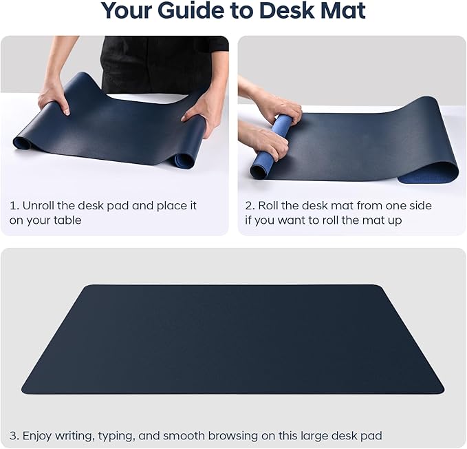Leather Desk Pad Protector, Office Desk Mat, Large Mouse Pad, Non-Slip PU Leather Desk Blotter, Waterproof Computer Desk Writing Pad for Office and Home (Dark Blue, 36" x 17")