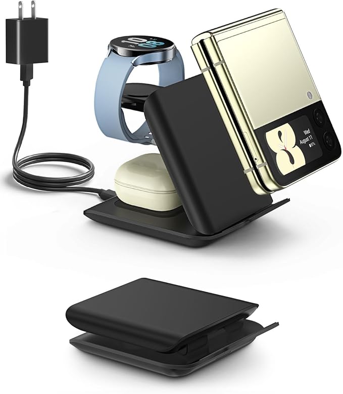 Samsung Galaxy Z Flip 3-in-1 Wireless Charging Station - Foldable 15W Fast Travel Charger Stand for z Flip 7 6 5 4 3, Razr+, Galaxy Watch & Buds 3,2 Pro,Live,PD20W Adapter Included,Black