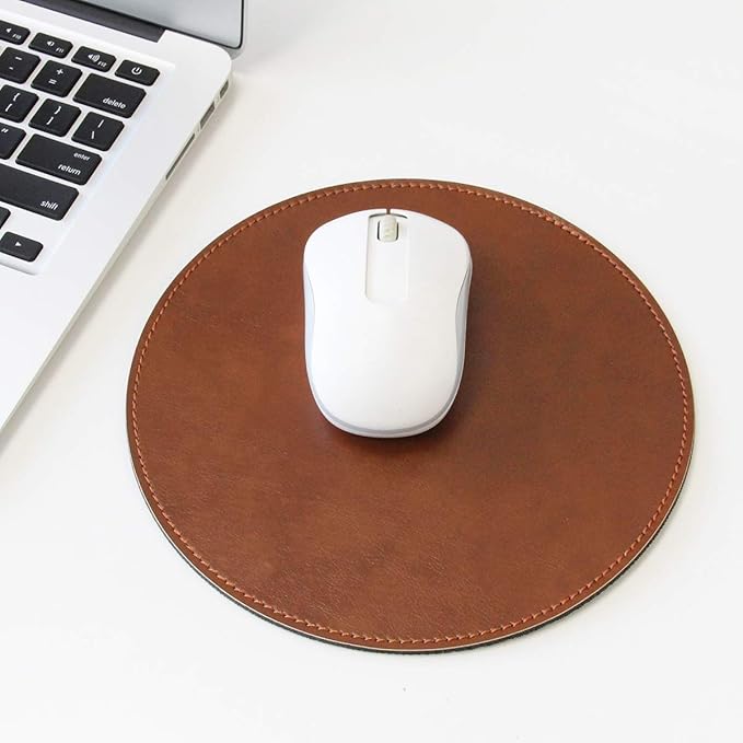 Round Faux Leather Mouse Pad, 7.8 Inch Small Compact PU Leather Circular Desk Mat, Waterproof Non-Slip Smooth Mousepad for Office Laptop, Home Work & Travel (Brown)
