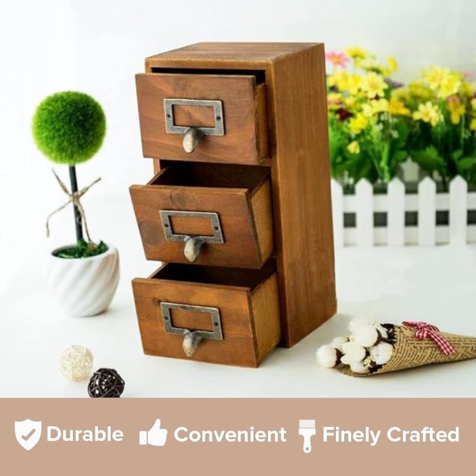 Vintage 3 Drawer Desktop Organizer - Rustic Card Catalog with Label Holders - Small Chest for Organization - Library Box - Table Nightstand Shelves Cabinet Vertical Storage