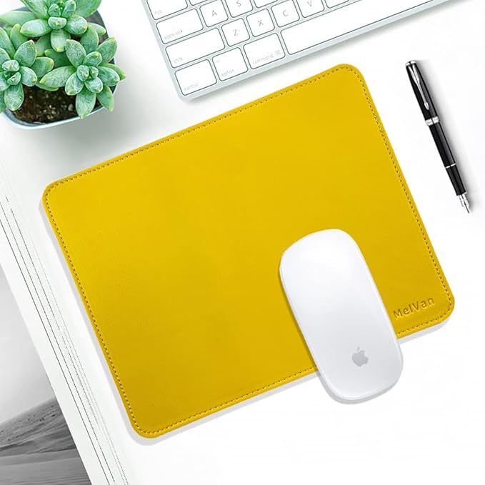 MelVan PU Leather Mouse Pad with Stitched Edge, Wood Mousepad, Waterproof Gaming Mouse Pad Mat for Computers, Laptop, Office & Home, 10.2" x 8.3", 1 Pack (Yellow)