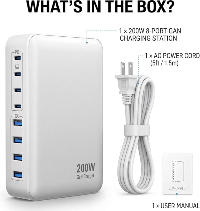 200W USB C Charger USB C Charger Block,Upgraded GaN III 8-Port Fast Charging Station Hub,PD 65W Laptop Charging Adapter Compatible with MacBook Pro/Air,DELL,Steam Deck,iPhone 16/15/14,Galaxy S23/22