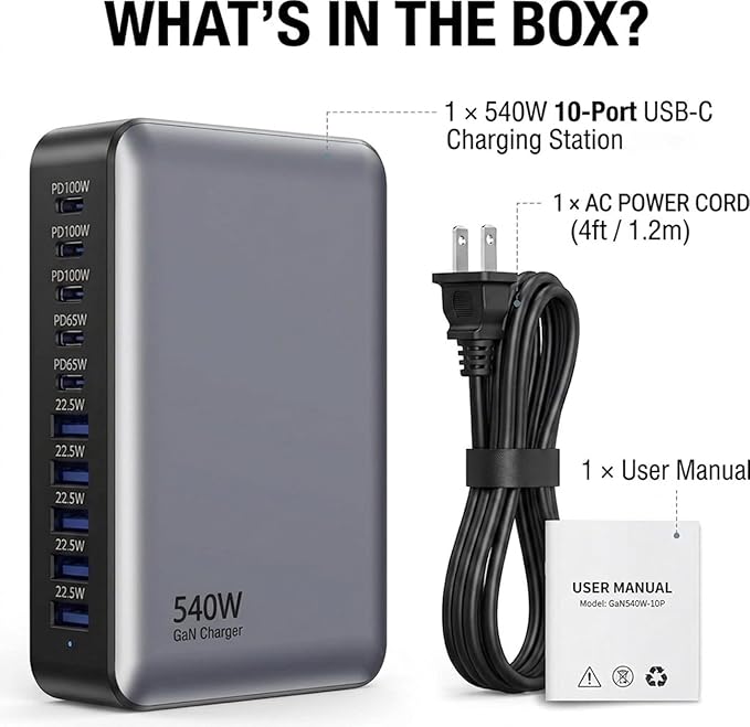 540W USB C Charger Block, 10 Port Charging Station USB Charger Block Double 100W Gan Laptop Fast Charging Compatible with MacBook Air/Pro, iPhone, iPad, Dell XPS, Samsung Galaxy Note