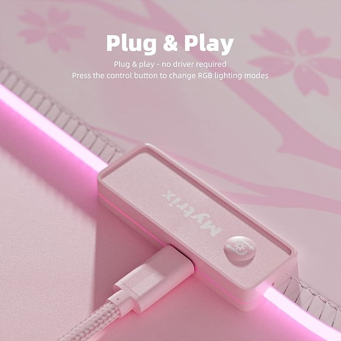 Pink RGB LED Gaming Mouse Pad, 14 Modes Glow Pad, Extra Large Gaming Mousepad,Waterproof Rubber Non Slip Cute Sakura Mat, Extended Big Keyboard and Mouse Pad Mat for Gamer Office Home, XXL 800ร300ร4mm