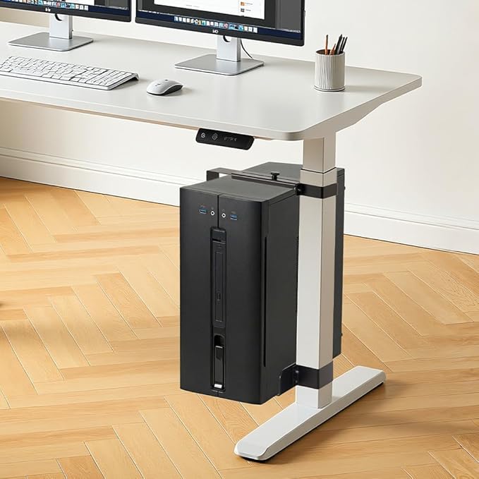 OUTFINE Under Desk PC Mount for Standing Desk, Clamp-On CPU Holder for Desk Leg (80×50 / 75×45 / 65×45mm), No-Drill Computer Tower Mount, Heavy Duty 50 lbs, Adjustable Open-Frame PC Bracket (Black)