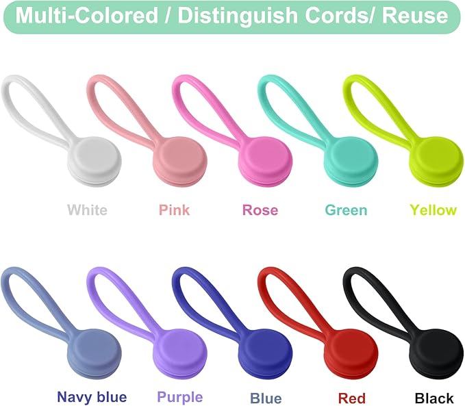 Motiloo Reusable Magnetic Cable Ties, 30 Pcs Strong Snap on Magnetic Cord Ties, Silicone Magnet Twist Tie (10 Colors-30 Pack)