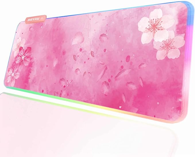JMIYAV RGB Cherry Blossom Gaming Mouse Pad Pink 31.5x12 Inch PC XL Large Extended Glowing Led Light Up Desk Pad Non-Slip Rubber Base Computer Keyboard and Mouse Pad Cute Mousepad