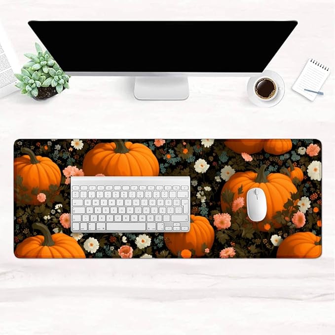 Gaming Mouse Pad Large Desk Mat Extended Keyboard Mouse Pad Mousepad with Non-Slip Base and Stitched Edge Mouse Mat Desk Pad Mouse Pads for Desk Home Office Gaming Pumpkin Flowers