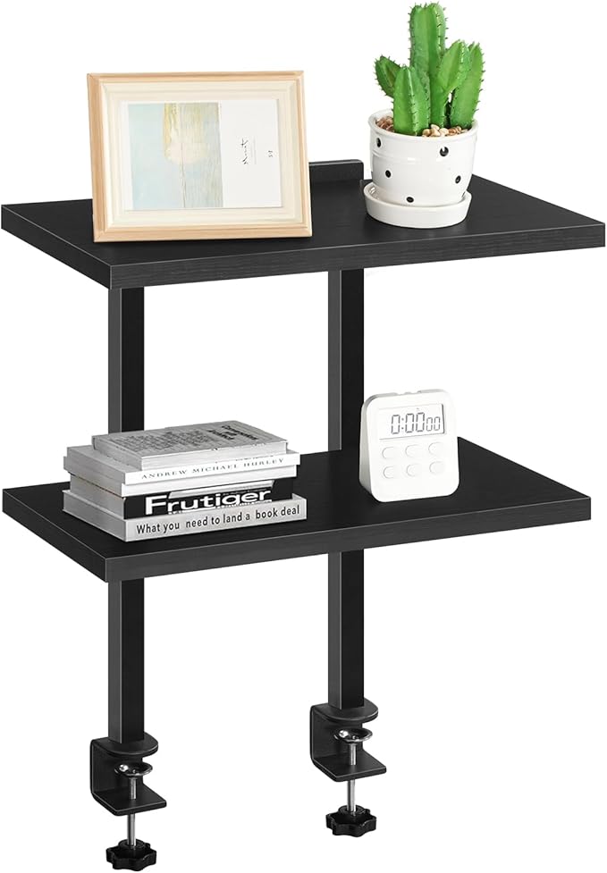 MAHANCRIS Clamp On Desk Organizer, 2-Tier Desktop Bookshelf, Adjustable Desk Storage Shelf, Metal Frame, for Office, Study and Game Room, Black DSBK3501 (Pack of 2)