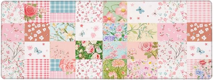 Patchwork Floral Mouse Pad 31.5 X 11.8 Inch Big Desk Rubber Base Stitched Edges Keyboard Pad XXL Mouse Mat for Home Game and Office
